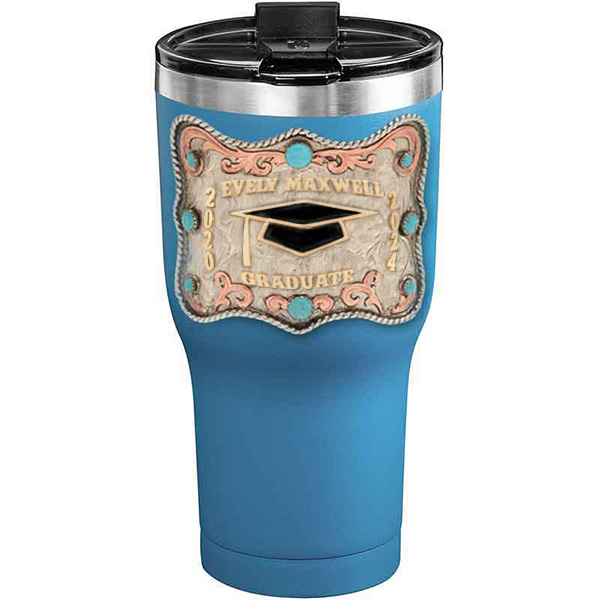 A customized tumbler made of stainless steel with a personalized engraved name and graduate cap figure, 30 oz, ideal for coffee or cool drinks